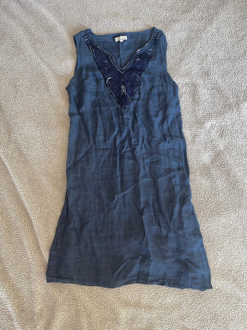 Lina Tomei Linen Sleeveless Mini Dress Sz S Navy Embroidered